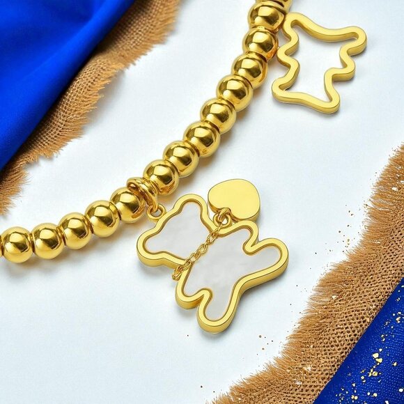🆕️Whimsical 18K Gold Plated Stainless Steel Bear Charm Beaded Dainty Bracelet - Picture 8 of 13